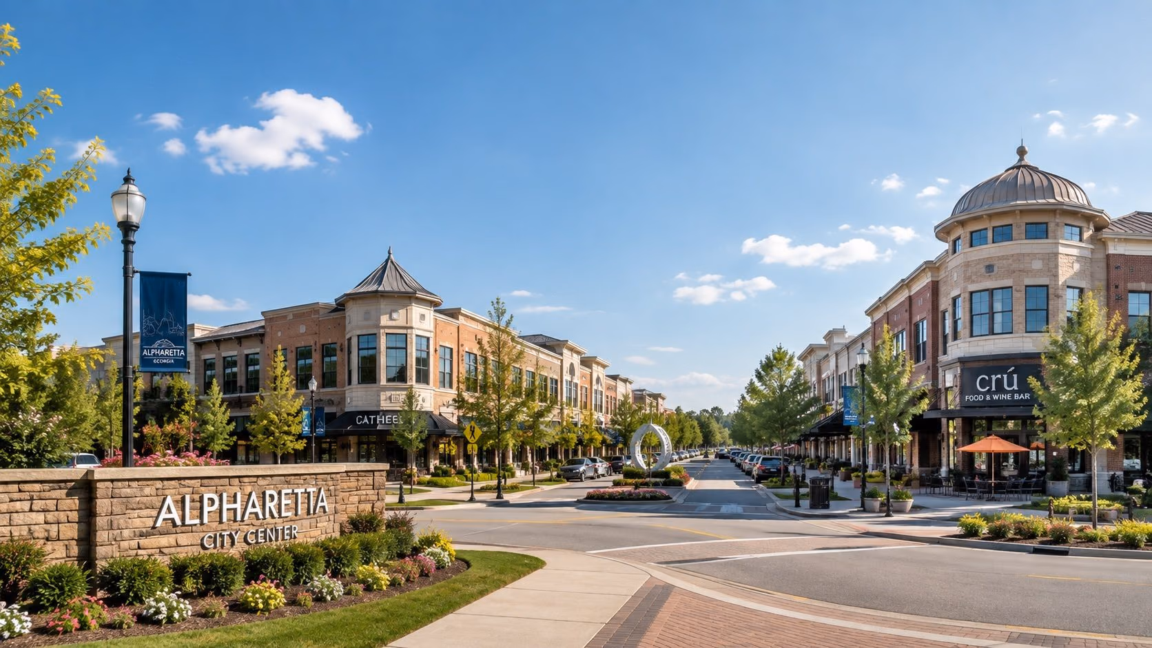 Downtown Alpharetta city center on a spring afternoon
