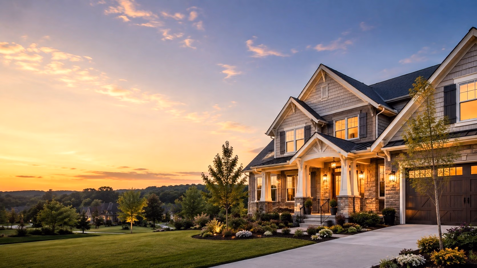 A craftsman-style home at dusk, typical of newer Woodstock neighborhoods