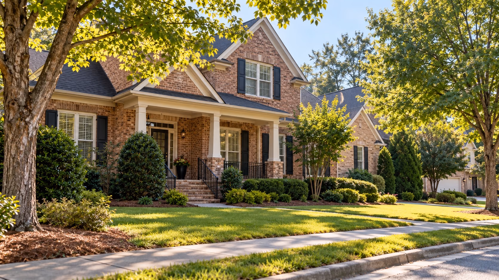 Single-family brick home with a covered porch on a tree-lined street in Alpharetta, Georgia, photographed in soft morning light