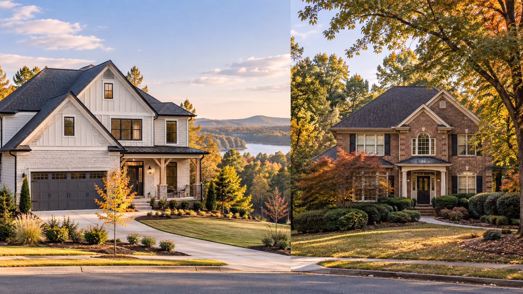 A newly built two-story home beside an established older home on a street in Cumming, Georgia, in autumn light