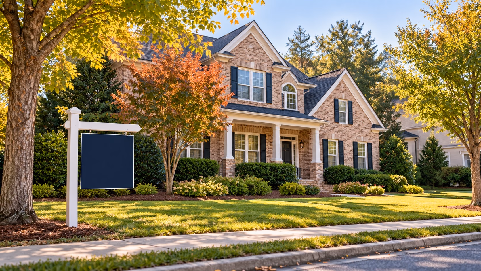 For-sale sign in front of a two-story home with a landscaped yard on a quiet Alpharetta street in early autumn