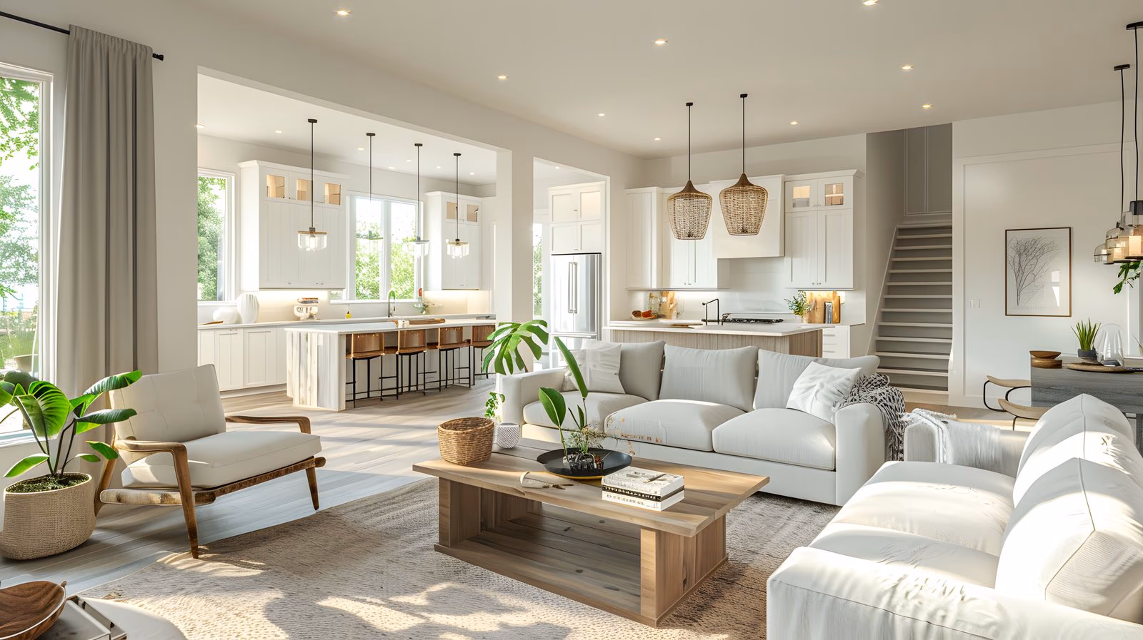 A bright open-plan great room and kitchen